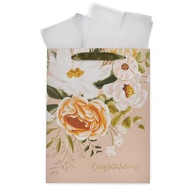 Christian Art Gifts Large Portrait Inspirational Gift Bag, Tag & Wrapping Tissue Paper Set for Women: Congratulations, Weddings, Anniversaries, Satin Ribbon Handles, Peach Pink/Gold Multicolor Floral