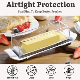 Butter Dish with Lid for Countertop and Refrigerator, MORGLES Airtight Butter Keeper Container for East/West Coast Sticks, BPA Free, Dishwasher Safe, White