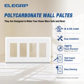 ELEGRP 4-Gang Decorative Wall Plates, Standard Size Unbreakable Thermoplastic Faceplate Cover for Decorator Receptacle Outlet Switch, UL Listed (2 Pack, Glossy White)