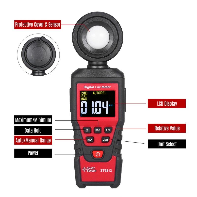 SMART SENSOR ST6813 Handheld Illuminometer LCD Color Screen Digital Illuminance