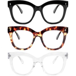 REAVEE 3 Pack Stylish Oversized Reading Glasses for Women Men, Blue Light Blocking Computer Readers Large Frame Wide Square Eyewear with Spring Hinge, Black/Leopard/Clear 2.5