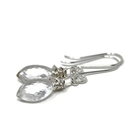 Petite Crystal Quartz Earrings Sterling Silver Dangling Drops Clear Faceted Stones Wire Wrapped
