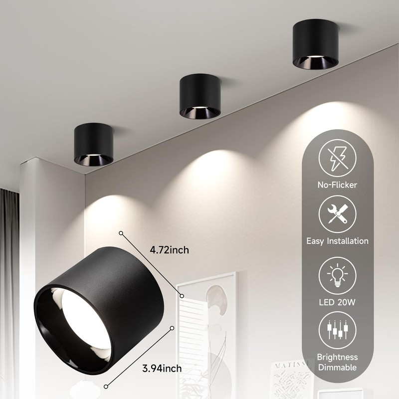 FNOESTY Flush Mount Ceiling Light Fixtures, 20W 4000K Dimmable Cylinder