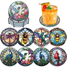 Lxmsja Diamond Painting Coasters with Holder, Animals Diamond Art Coasters Set of 8 for Adults Kids Beginners, DIY Funny Drinks Coasters with Cork, Craft Sets Gifts for Women Girls Kids