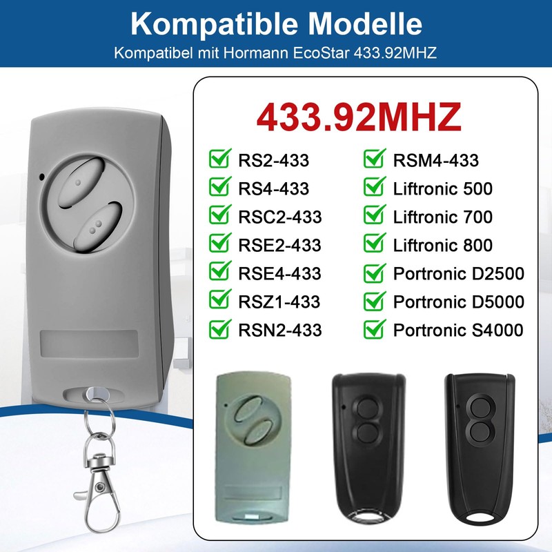 Garage Door Opener Remote Control 433.92MHz for EcoStar RSE2-433, RSC2-433,