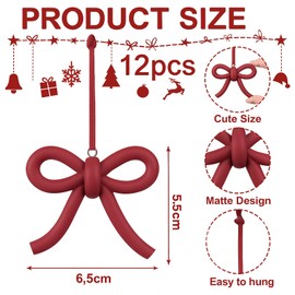 Weysat 12 Pcs Clay Bow Christmas Tree Ornaments Matte Coquette Tree Hanging Decorations for Garland Wreath Indoor Outdoor Xmas Decorations (Burgundy)