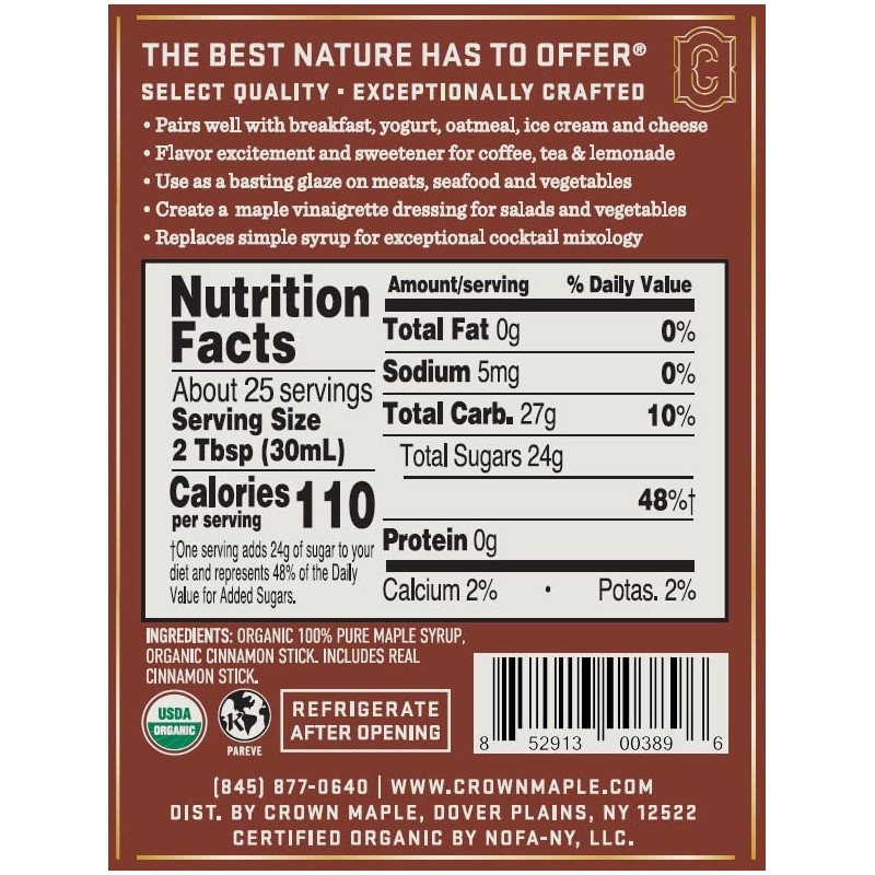 Crown Maple Cinnamon Infused Maple Syrup, 25 Fl Oz, Pancakes,