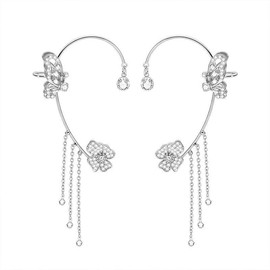 Butterfly Tassel Style Zircon Earrings for Women, Sparkly Dainty Flower Rhinestone Wrap Around No Piercing Silver Fairy Earrings for Teen Girls Jewelry Gifts (Butterfly1)