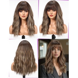 WOKESTAR Long Wig with Fringe Synthetic Wavy Wigs for Women Mixed Brown Color