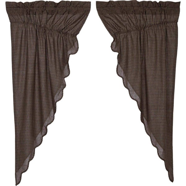 VHC Brands Kettle Grove Plaid Prairie Short Panel Scalloped Set of 2 63x36x18 Country Curtains, Country Black