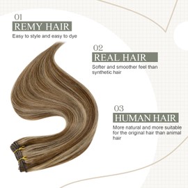 Fshine Hand Tied Weft Hair Extensions Human Hair Medium Brown and Caramel Blonde Highlights Sew in Hair Extensions Double Weft Full Head Straight Real Human Hair 24 Inch 100 Gram
