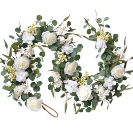 TEMPUS 6Ft Artificial White Peony Garlan for Front Door with Hydrangea Green Leaves Spring Garland for Mantel Party Decorations Valentines Mother's Day Decorations Wedding Party Home Decor