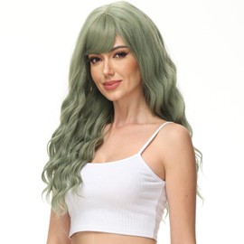PARXITN Long Wigs for Women with Fringes 60 cm Adjustable Curly Wavy Ash Green Wigs Synthetic Hair Wig Cosplay Daily Use