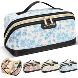 DOSUKE Travel Makeup Bag, Large Capacity Cosmetic Bags for Women, Water-Resistant Portable Travel Toiletry Bag Skincare Bag Stuff for Women with Handle and Divider Open Flat PU Bottom