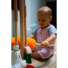 JustForKids Wooden Detachable Kids Cleaning Toy Set - Duster, Brush, Mop, Broom and Hanging Stand Play - Housekeeping Kit - STEM Toys for Toddlers Girls & Boys, Total 6 Pieces,Multi Color,10071