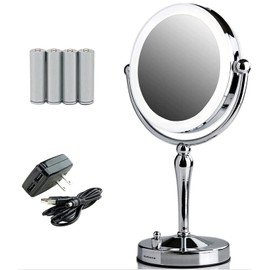 Ovente Lighted Makeup Mirror Tabletop 7.5'' 360 Degree Double Sided Spinning 1X 10X Round Magnifier, LED with Dimmer Switch, Acrylic Edge, Battery & USB Adapter Operated, Polished Chrome MKT75CH1X10X