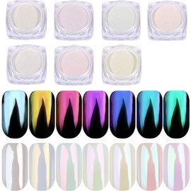 Pretty Diva 7 Colors Pearl Chrome Powder Set, Magic White Pearl Chrome Powder for Nails Aurora Iridescent Pearl Nail Chrome Powders Metallic Manicure Pigment