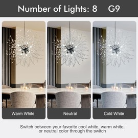ofeankri Crystal Chandelier, Modern Firework Chandeliers with 8 G9 Bulbs, Hanging Light Fixtures in The Room, Pendant Lights for Dining, Kitchen, Hallway, Foyer, Contains 3-Color Bulbs, 8 Chrome