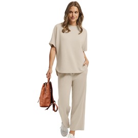 SAMPEEL Lounge Sets for Women Summer 2 Piece Outfits Wide Leg Crop Pants Sets Matching Sets Women Clothing Resort Wear Cruise Travel Airport Outfits Beige XL