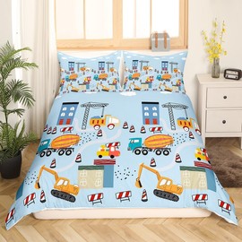 Children's Boys Bed Linen Cars 135 x 200 cm Digger Construction Bed Linen Teenager 100% Microfibre Blue Automotive Children's Bedding Set with Pillowcase 80 x 80 cm, Funny Baby Bed Linen Construction