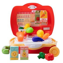 PETERKIN | Little Market Wheelie Case Toy | 20 piece, brightly coloured, grocery market shop in a 34cm wheelie case with retractable handle | Roleplay Toys | Ages 3+