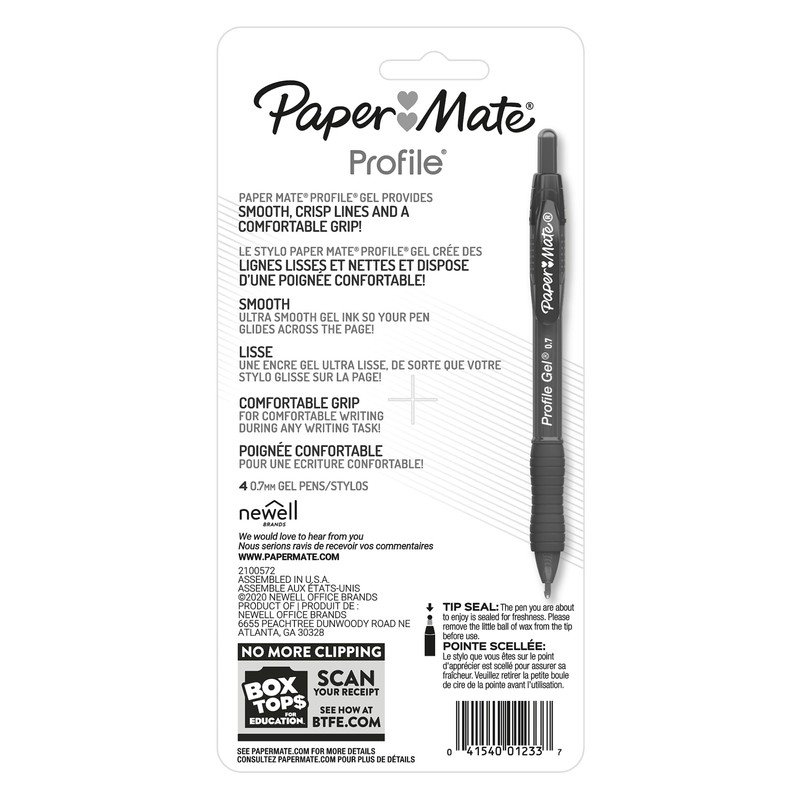 Paper Mate Gel Pen, Profile Retractable Pen, 0.7mm, Assorted, 4