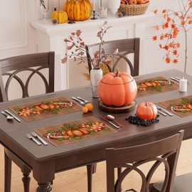 XCHI Fall Pumpkin Football Love Heart Wood Placemats Set of 4 Table Mats for Party Home Kitchen Dining Table Decorations 12x18 Inch
