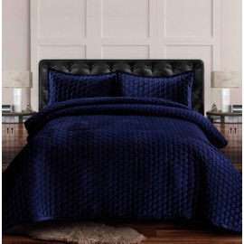 Tribeca Living LUGANOQUITWNA Velvet Oversized Quilt Set, Twin, Navy Blue