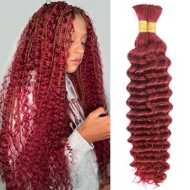 Human Braiding Hair Deep Wave Bulk Human Hair for Braiding 100g Bundle No Weft Curly Braiding Hair Extensions Red Color for Boho Braids Water Curly Human Hair Braiding Hair (99J#, 20 Inch-100G)
