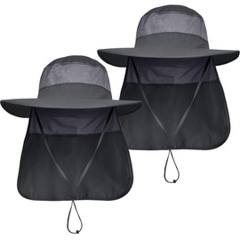IYEBRAO 2 Pack Mens UV Protection Sun Hat with Neck Flap Summer Foldable Mesh Boonie Cap for Fishing Hiking Garden Work, Dark Grey＆dark Grey, One Size