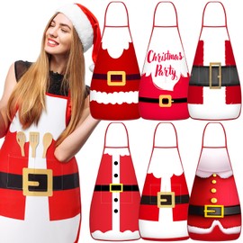 LOYIM 6 Pcs Vintage Christmas Kitchen Apron with Pocket Elf Santa Claus Snowman Xmas Cooking Apron for Women Men(Santa Claus Color)