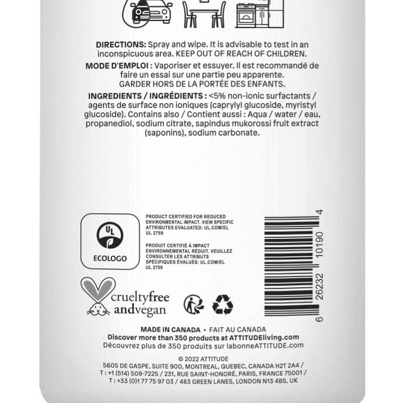 ATTITUDE All Purpose Cleaner Spray, EWG Verified, Vegan, Made with