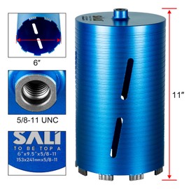 SALI Diamond Core Drill Bits 6" Diameter 10"/254mm Drilling Depth 5/8-11" Thread Core Bit Turbo Laser-Welded Segments for Cured Concrete with Rebar, Brick, Block, Masonry, Stone with Two Adapters
