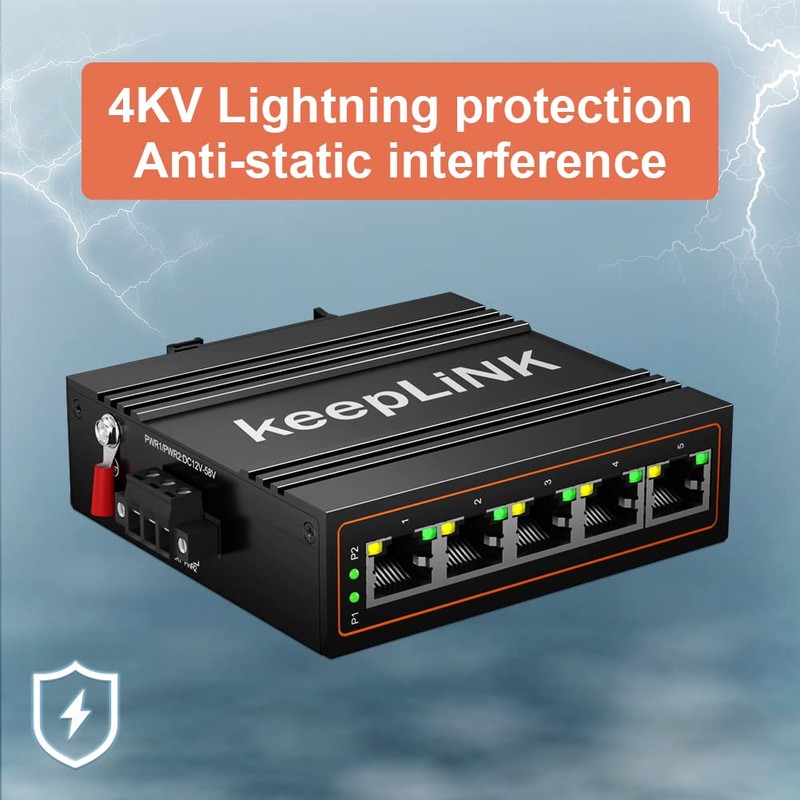 keepLiNK 5-Port Industrial Ethernet Switch, Unmanaged 10/100Mbps DIN-Rail Network Switch,
