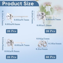 SOFPLATE 1 Box 60Pcs 3 Sizes Rhinestone Earring Post Stud Earrings with Loop 60Pcs Brass Ear Backs 925 Sterling Silver Plated Pins Cubic Zirconia Earring Studs Findings for Jewelry Making Supplies