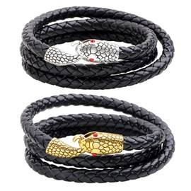 Flongo Snake Leather Bracelet Black: Men's Snake Leather Bracelet Braided Viking Multilayer Snake Bracelet Wide Vintage Bangle Gold Silver Pendant for Women Men Boys, Leather