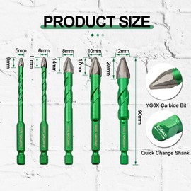 KURSTOL Oblique Head Eccentric Drill Bit Set - 10 Pieces 5/6/8/10/12 mm Carbide Drill Bits for Wood Plastic Masonry Ceramic Tiles Marble with Quick Change Shank
