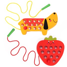 QZMTOY Montessori Wooden Toy Threading Game Educational Game Motor Skills Toy for 3 Year Old Travel Toy Toddler Toy 1 Strawberry and 1 Dog