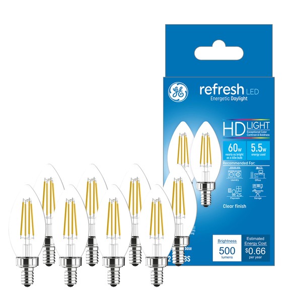 GE Refresh LED Light Bulbs, 60 Watt Eqv, Daylight, Decorative Clear Bulbs, Small Base (8 Pack)