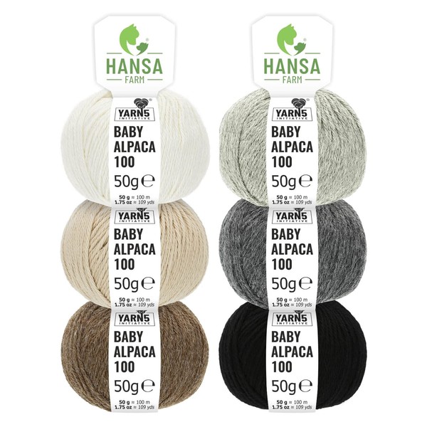 100% Baby Alpaca Wool in 50+ Colours (Scratch-Free) – 300 g Set (6 x 50 g) – Soft Alpaca Wool for Knitting & Crochet in 6 Yarn Sizes by Hansa-Farm