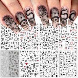 Snake Nail Art Stickers Decals Black Skull Gothic Nail Decals Designer Nail Art Supplies 3D Goth Punk Horror Nail Stickers Designer Nail Accessories Charms Nail Designs for Acrylic Nails (8 Pcs)