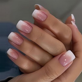 White Pink Gradient Press on Nails Short Square Nails Press Ons Cute French Tip Fake Nails Full Cover False Nails Reusable Acrylic Glue on Nails Glossy Stick on Nails for Women Girls 24 Pcs
