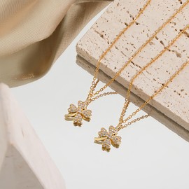 JINGDR Four Leaf Clover Necklace for Women 14K Gold Plated Dainty flower Pendant Necklace Cute Good Lucky Charm Simple Four Heart Cubic Zirconia Necklaces Trendy Jewelry, 16 in, Stainless Steel, Cubic