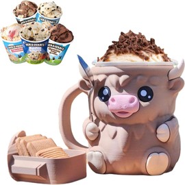 LGGbaodan Highland Cow Ice Cream Pint Holder, with Antifreeze Handle and Two Spoons, Gift for Cream Lovers (Brown)