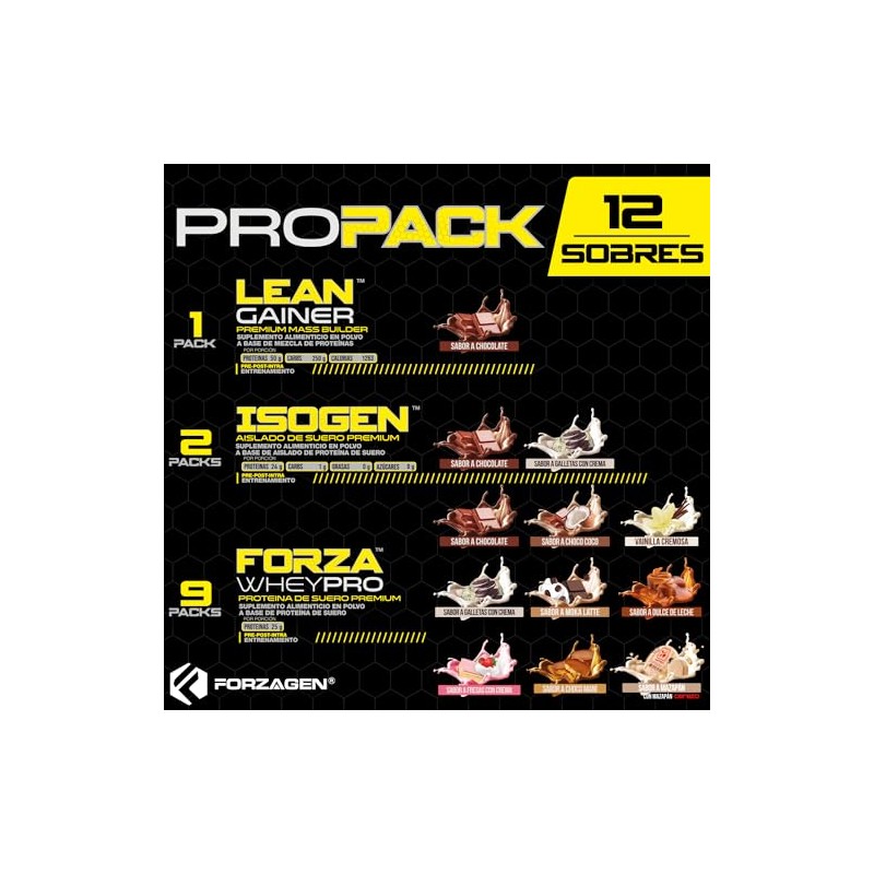 Forzagen ProPack Protein Proteínas Whey-Iso-Gainer 12 Sobres Variedad de Sabores