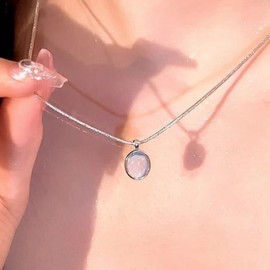 Wendalern Bohemian Moonstone Choker Necklace Gemstone Pendant Round Snake Chain Necklace Petite Oval Opal Clavicle Chain Necklace Aquamarine Jewellery for Women, Zinc, No Gemstone