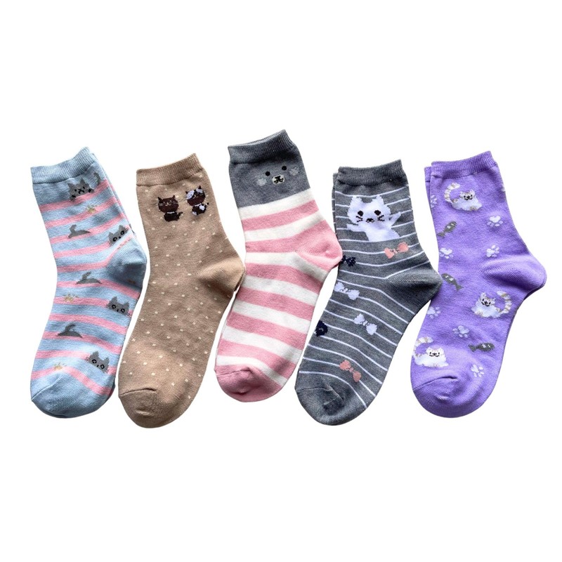 Mode Select Women's Socks, Cute, Cat Pattern, 5 Pairs Set,