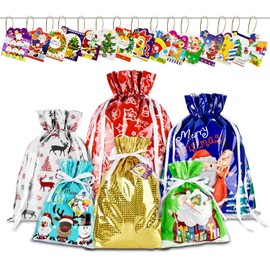 AUERVO 30PCS Christmas Drawstring Gift Bags with Tags, 6 Different Designs Wrapping Bags 4 Sizes X-Large,Large,Medium and Small Holiday Present Goody Bags for Xmas Holiday Party