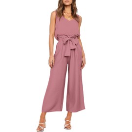 FANCYINN Womens 2 Piece Crop Pants Set V Neck Tank Wide Strap Tops High Waisted Cropped Paper Bag Pants with Belt Dark Cherry Pink Top & Wide Leg Pants XL