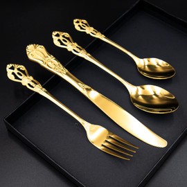 YEKUYEKU 4 Pieces Cutlery Set, Stainless Steel Cutlery Set, Fork Sets, Stainless Steel Flatware Set for Party Camping and Home (Gold)